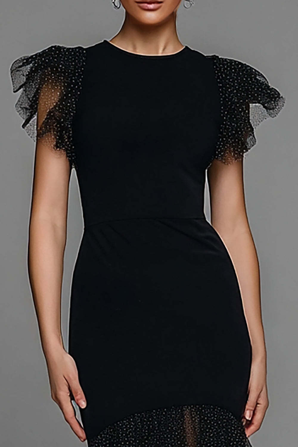 Suzhoufashion Black Mermaid Polka Dots Long Tulle Prom Dress With Ruffles