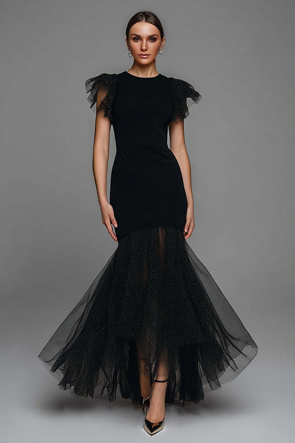 Suzhoufashion Black Mermaid Polka Dots Long Tulle Prom Dress With Ruffles
