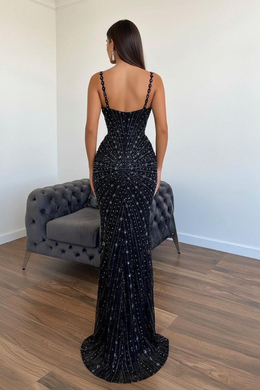 Sleeveless Mermaid Beading Spaghetti Strap Black Prom Dress Evening Formal Dress