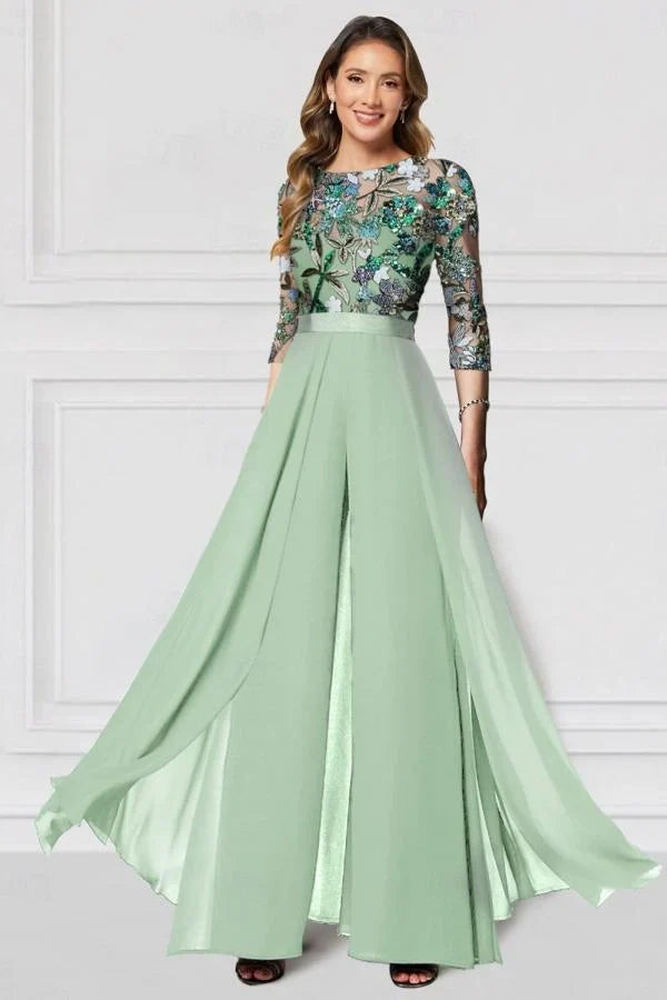 Black Mother of the Bride Pantsuit 3/4 Sleeve Wedding Guest Dress Pantsuit with Lace Appliques
