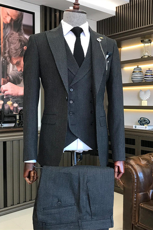 Black Peaked Lapel 3 Piece Close Fitting Business Suit