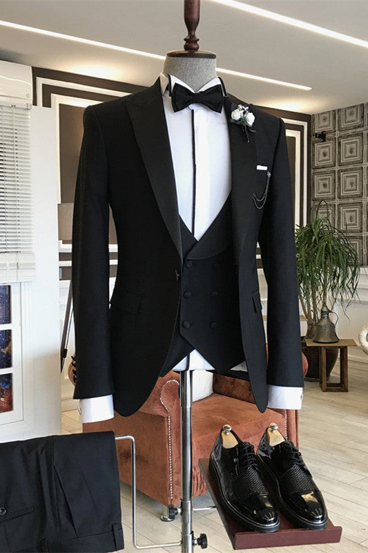 Black Peaked Lapel 3 Piece Simple Men's Business Suit
