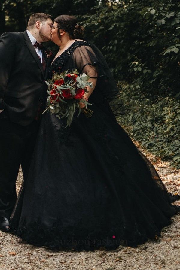 Black Plus Size Wedding Dress Short Sleeve A Line V Neck Bridal Gown with Lace Appliques