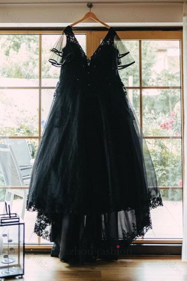 Black Plus Size Wedding Dress Short Sleeve A Line V Neck Bridal Gown with Lace Appliques