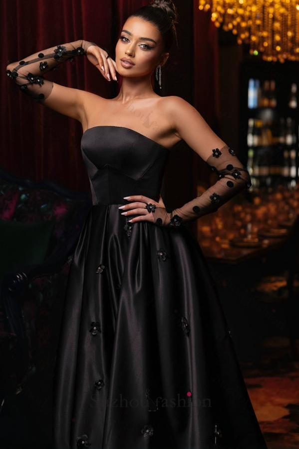 Black Prom Dress A Line Strapless Sleeveless Tea Length Satin Formal Dress With Flowers