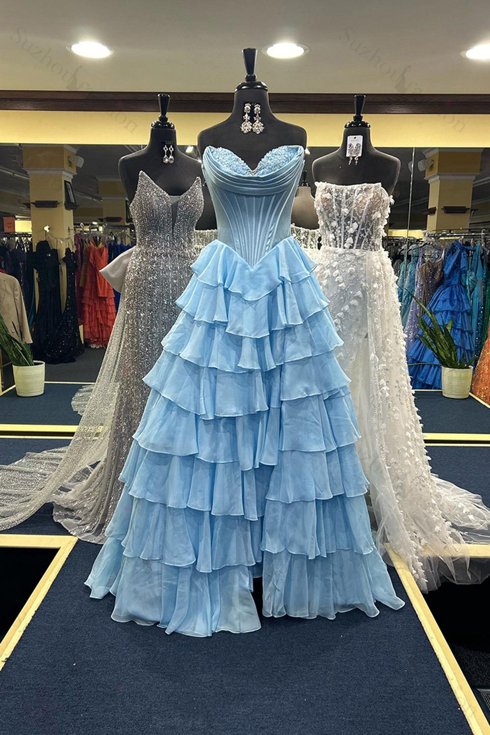 Black Prom Dress A Line Sweetheart Ruffled Corset Long Formal Dress With Slit