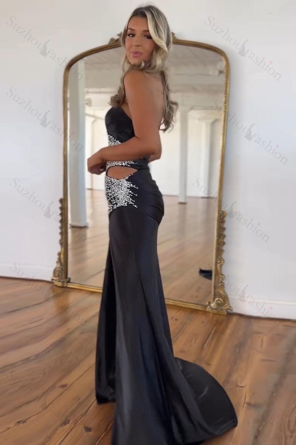 Black Prom Dress Beaded Mermaid Sweetheart Long Formal Dress With Slit