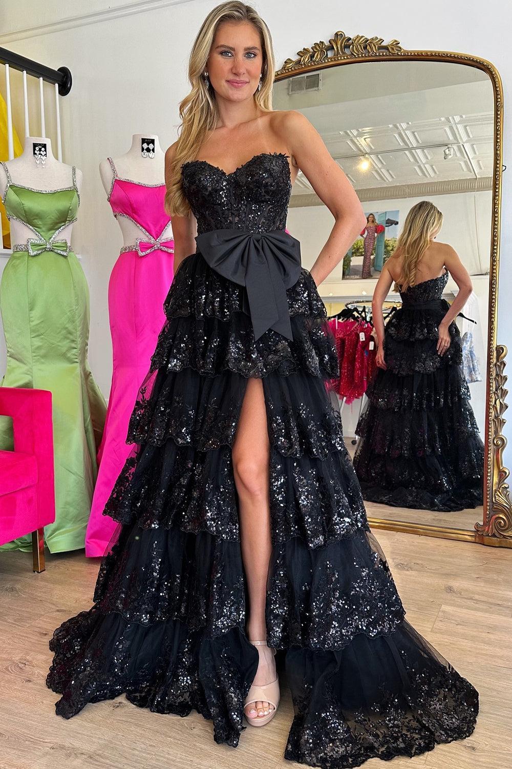 Black Prom Dress Sweetheart Ruffled Bow Long Formal Dress With Slit