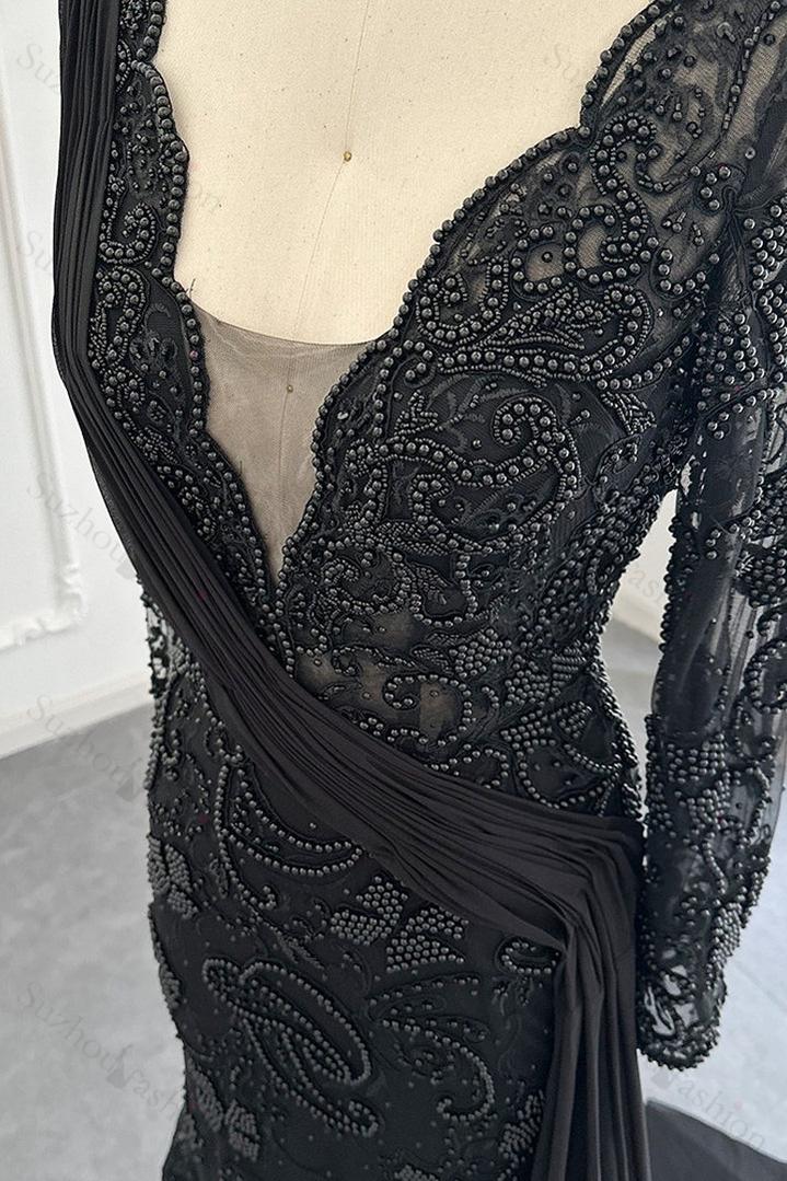 Black Prom Dress V Neck Mermaid Evening Formal Dress Long Sleeves With Appliques Ruffled