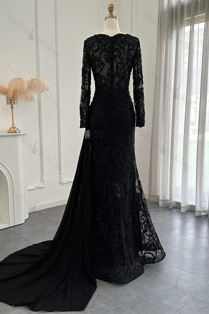 Black Prom Dress V Neck Mermaid Evening Formal Dress Long Sleeves With Appliques Ruffled