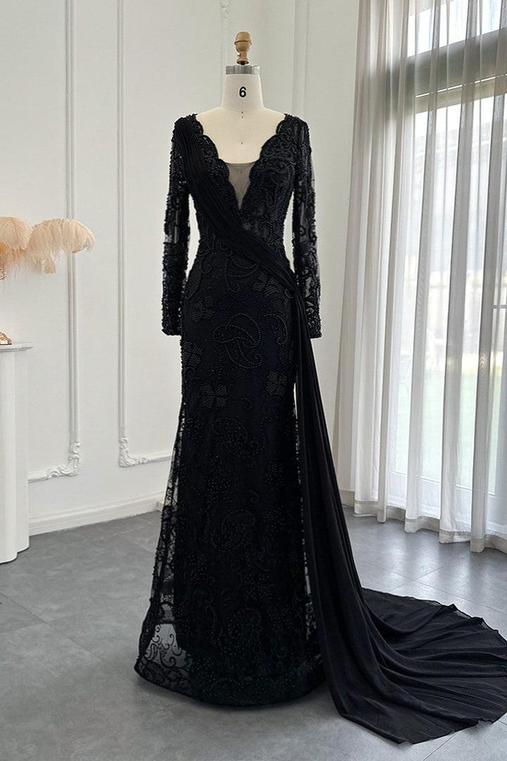 Black Prom Dress V Neck Mermaid Evening Formal Dress Long Sleeves With Appliques Ruffled