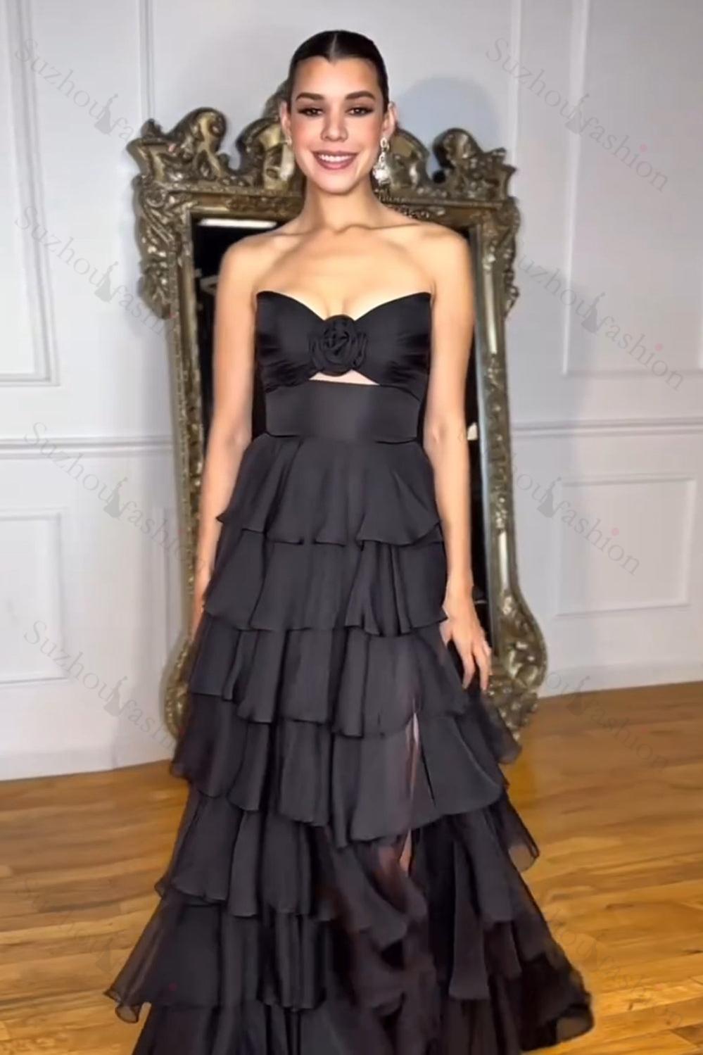 Black Prom Dress White Prom Dress Sweetheart Ruffled Long Formal Dress With Slit