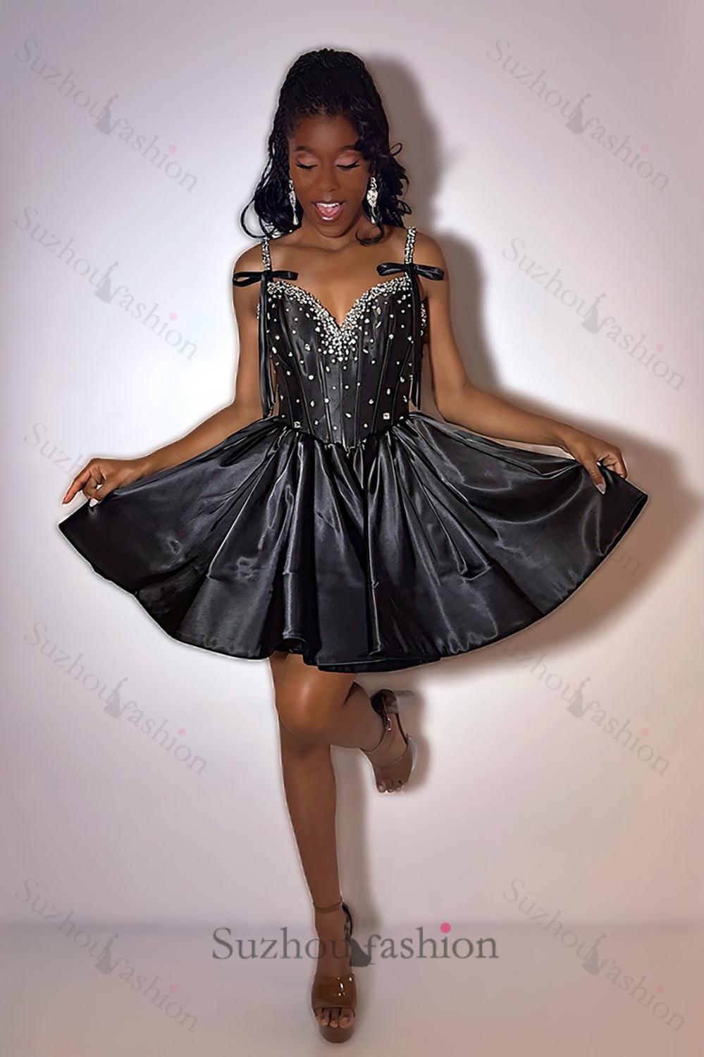 Black Satin Homecoming Dresses Short Corset Cocktail Dresses With Rhinestones