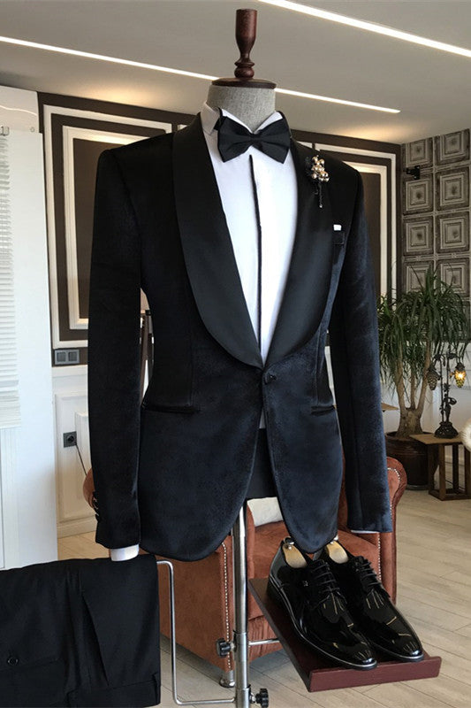 Black Shawl Lapel Close Fitting 2 Piece Velvet Wedding Suit