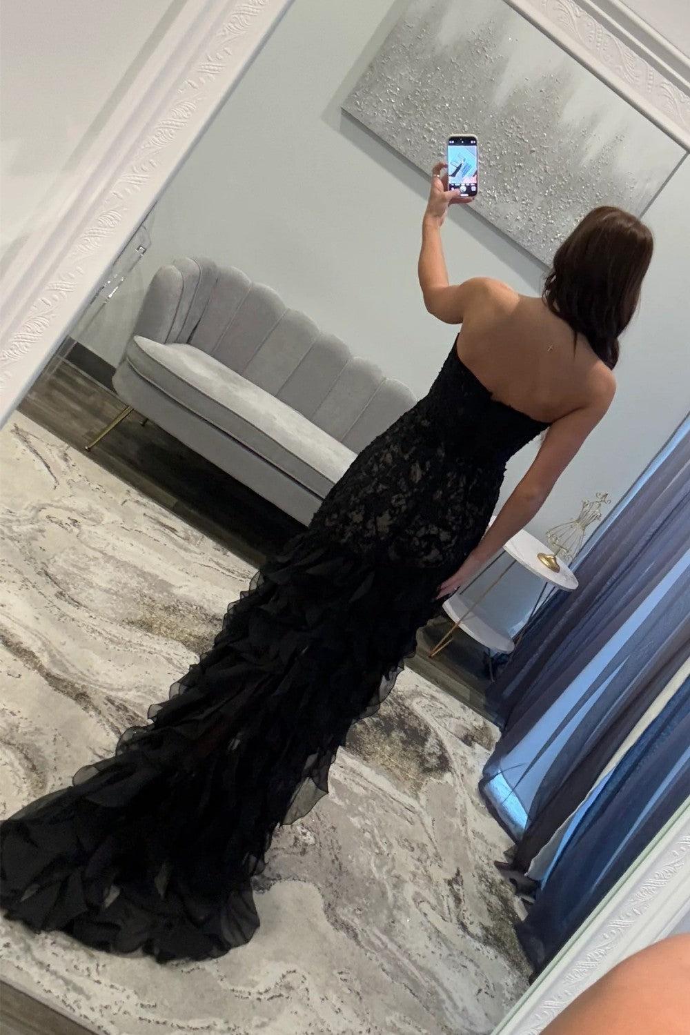 Black Sweetheart Mermaid Lace Prom Dress With Ruffle Skirt Formal Evening Gown