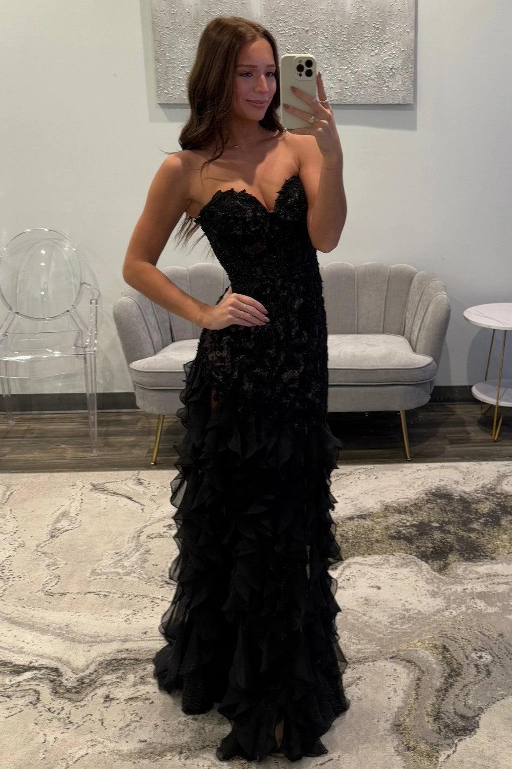 Black Sweetheart Mermaid Lace Prom Dress With Ruffle Skirt Formal Evening Gown