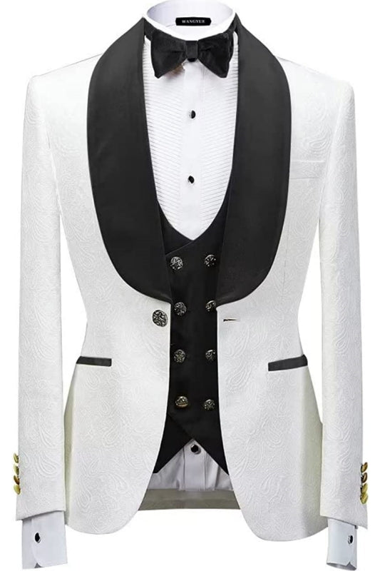 Black Three Piece Shawl Lapel Jacquard Wedding Suit