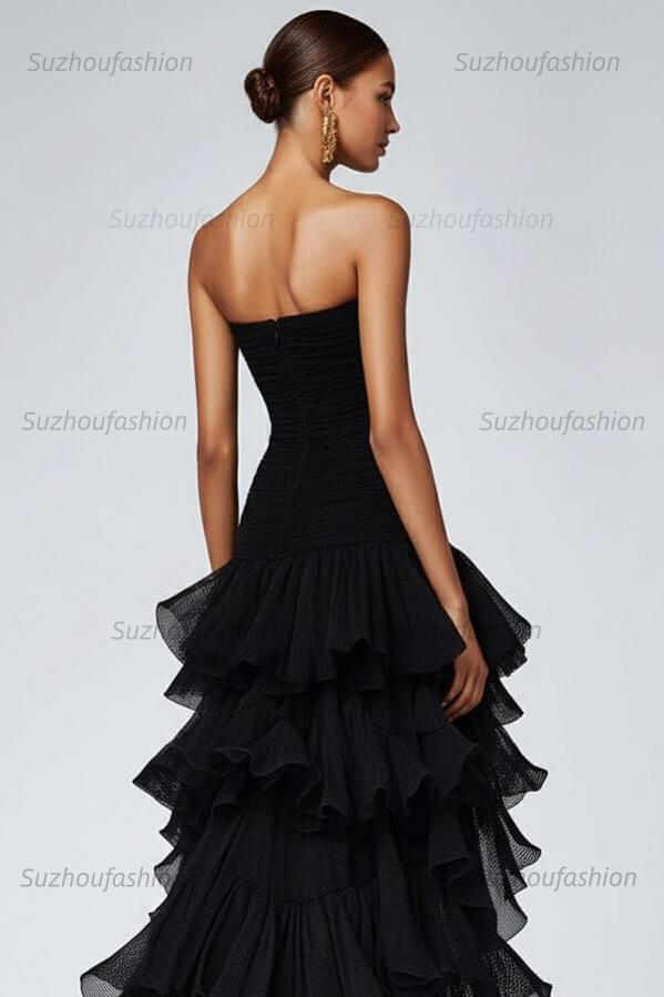 Black Wedding Guest Dress Strapless Tulle Long Ruffled Formal Dress With Slit
