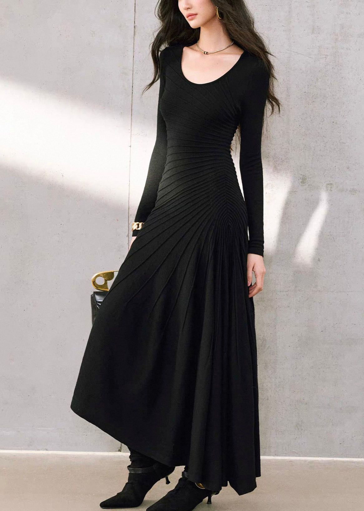 Black Wrinkled Slim Solid Long Fishtail Dress Spring