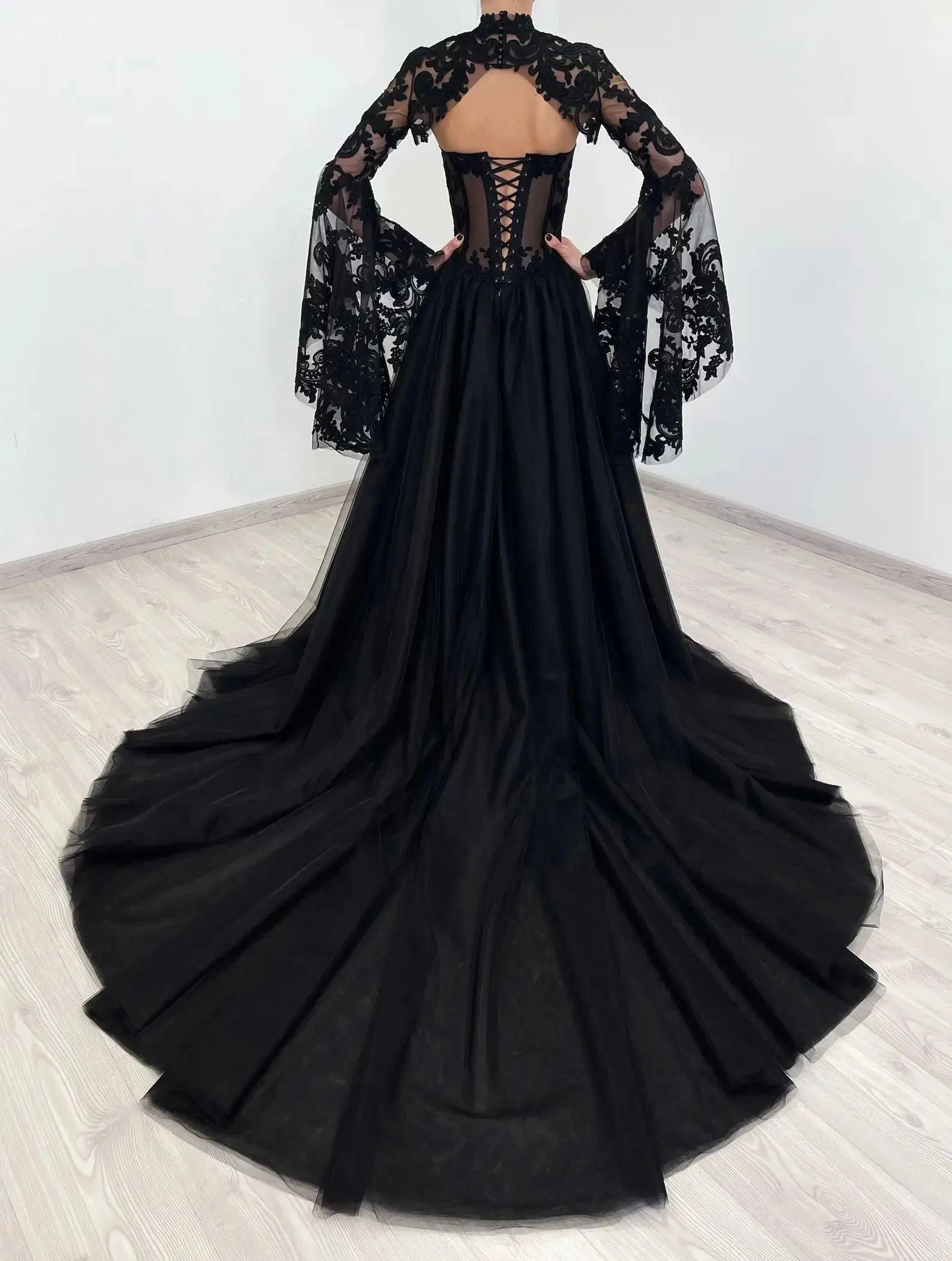 Black Luxury Gothic  Wedding Dress Sheer Lace Ball Gown  ZP029
