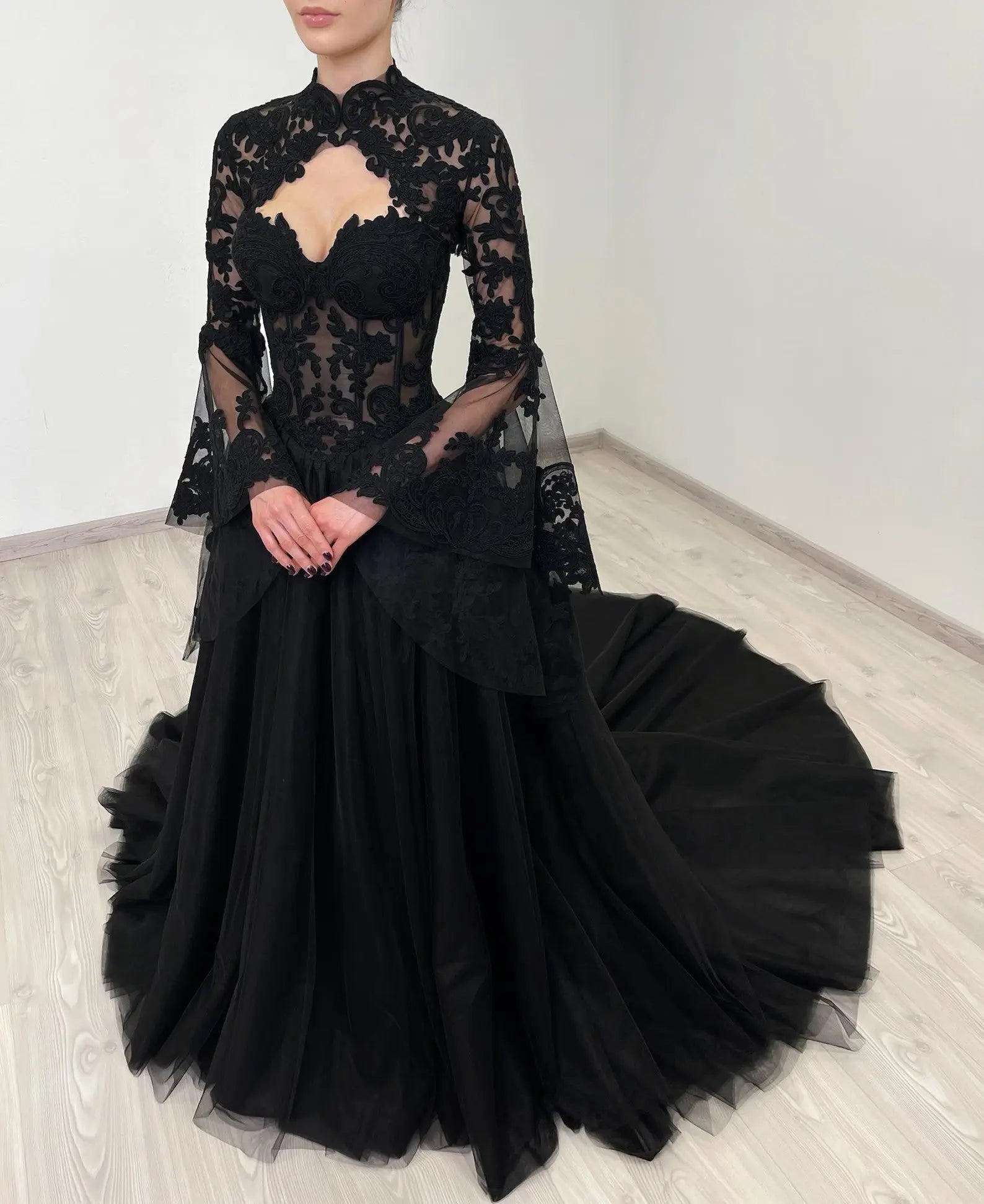 Black Luxury Gothic  Wedding Dress Sheer Lace Ball Gown  ZP029