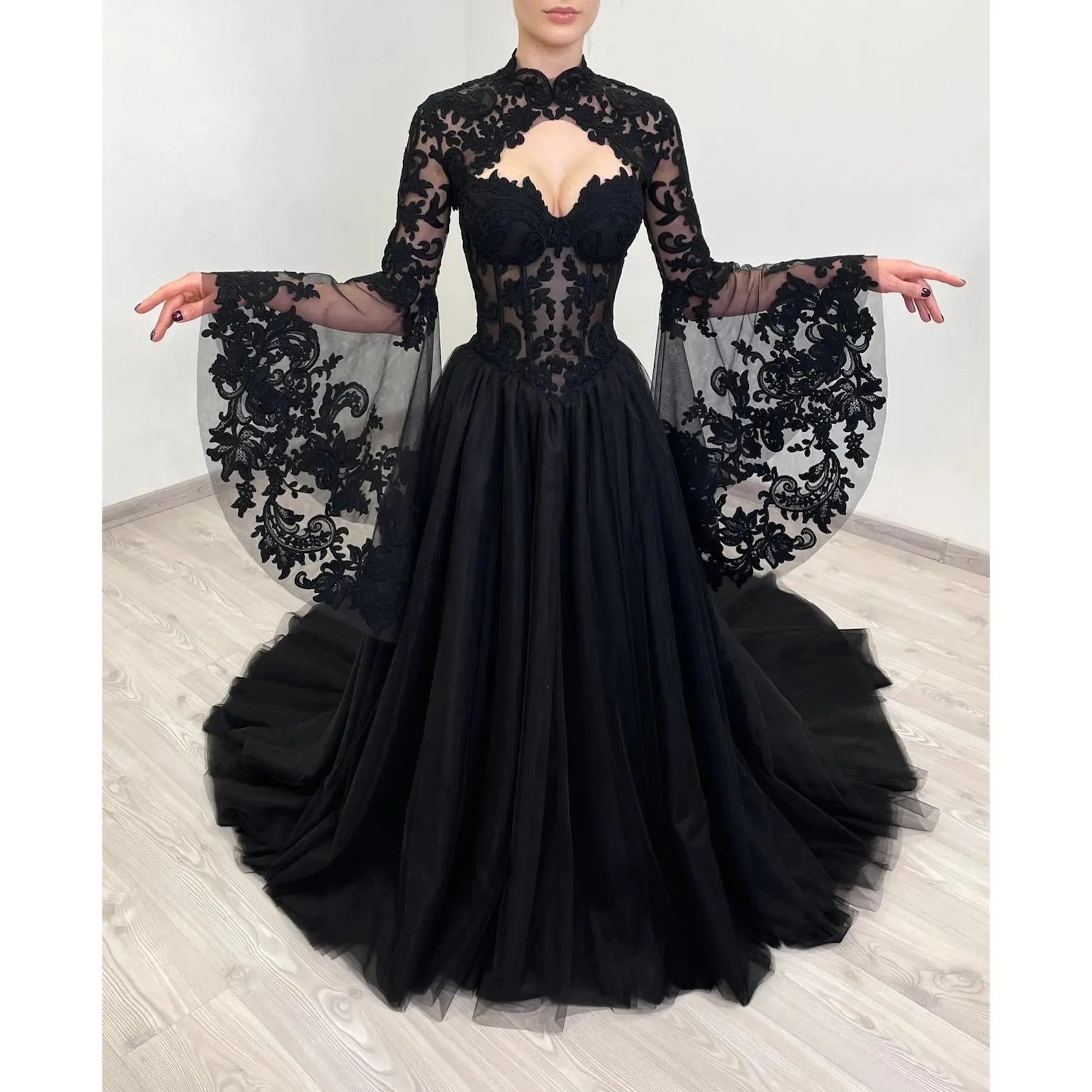 Black Luxury Gothic  Wedding Dress Sheer Lace Ball Gown  ZP029