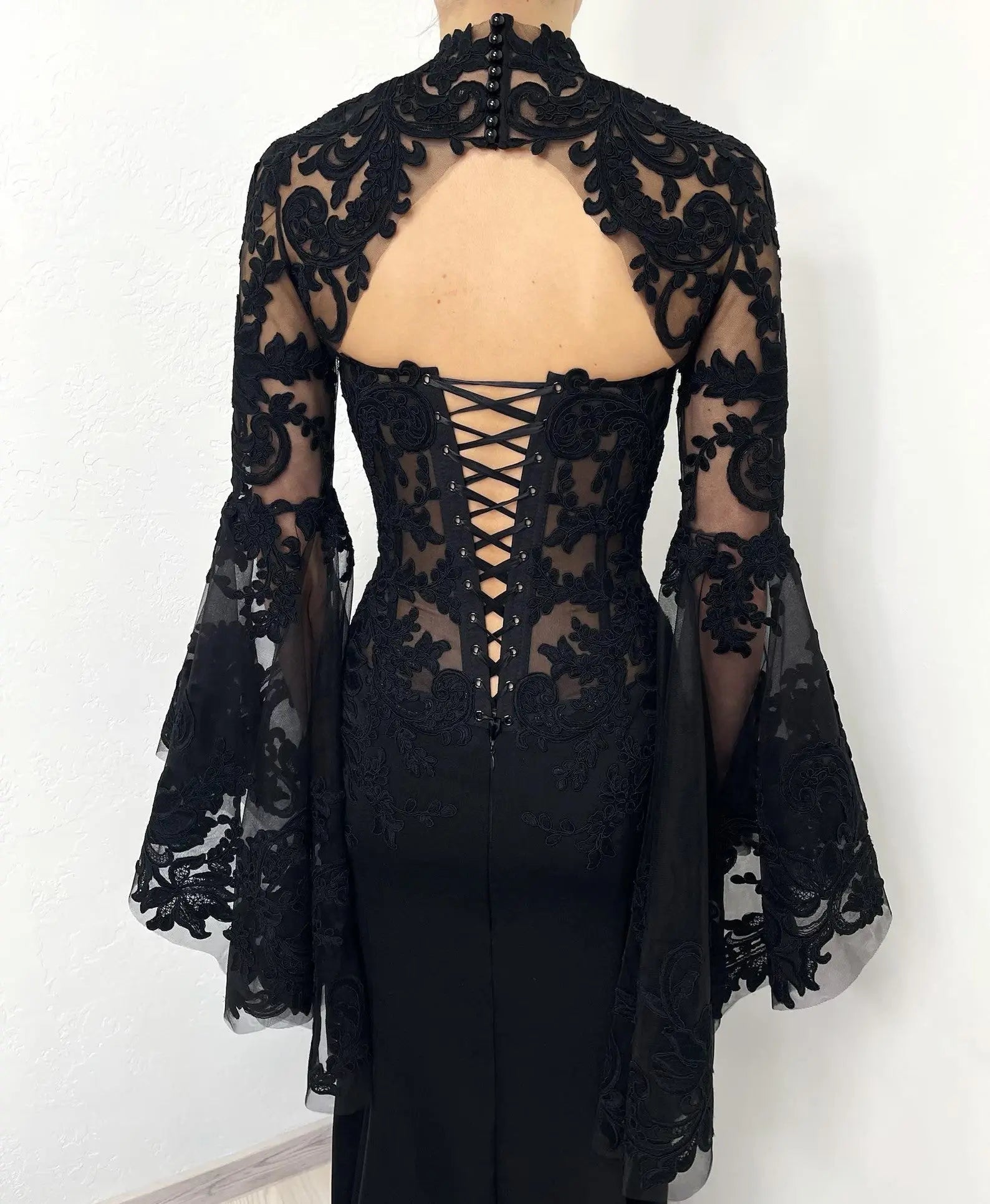 Black Luxury Gothic  Wedding Dress Sheer Lace Mermaid  ZP200