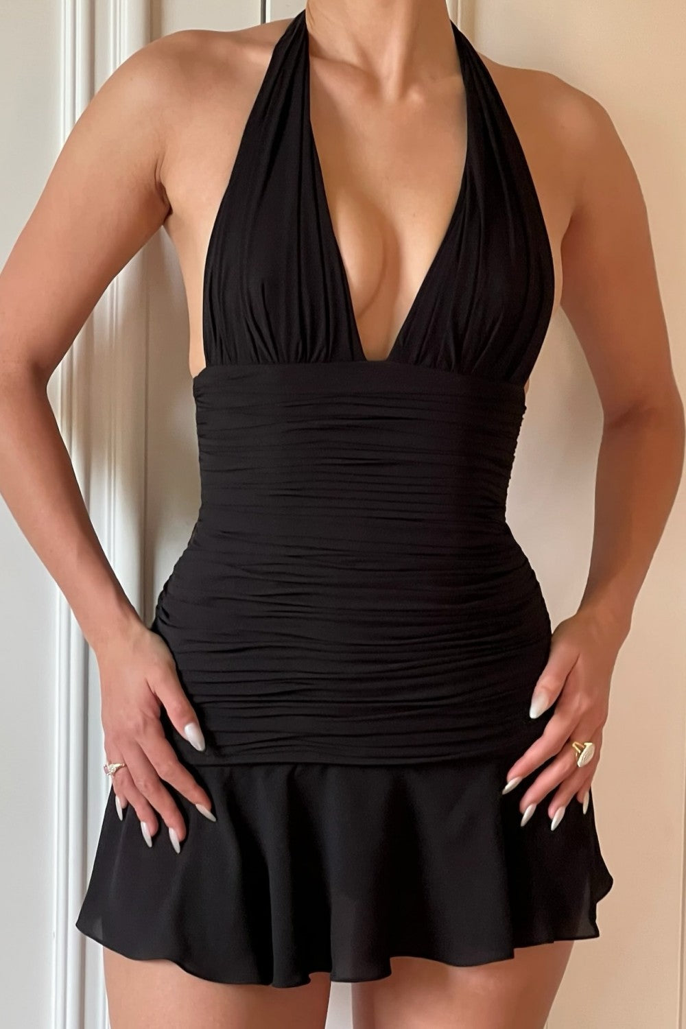 Black Halter Mini Dress Ruched Waist Flared Hem Homecoming Dress