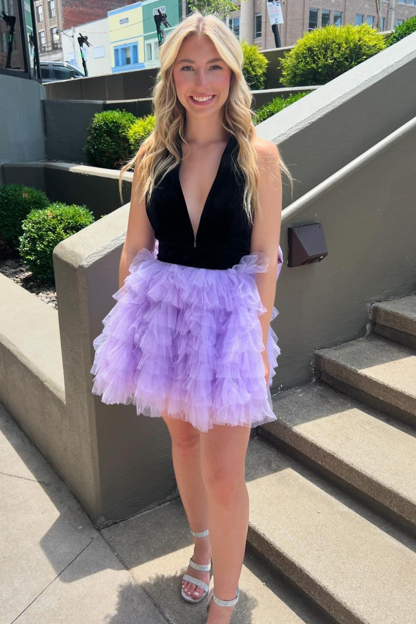 Black Purple A-Line V-Neck Open Back Short Tulle Homecoming Dress