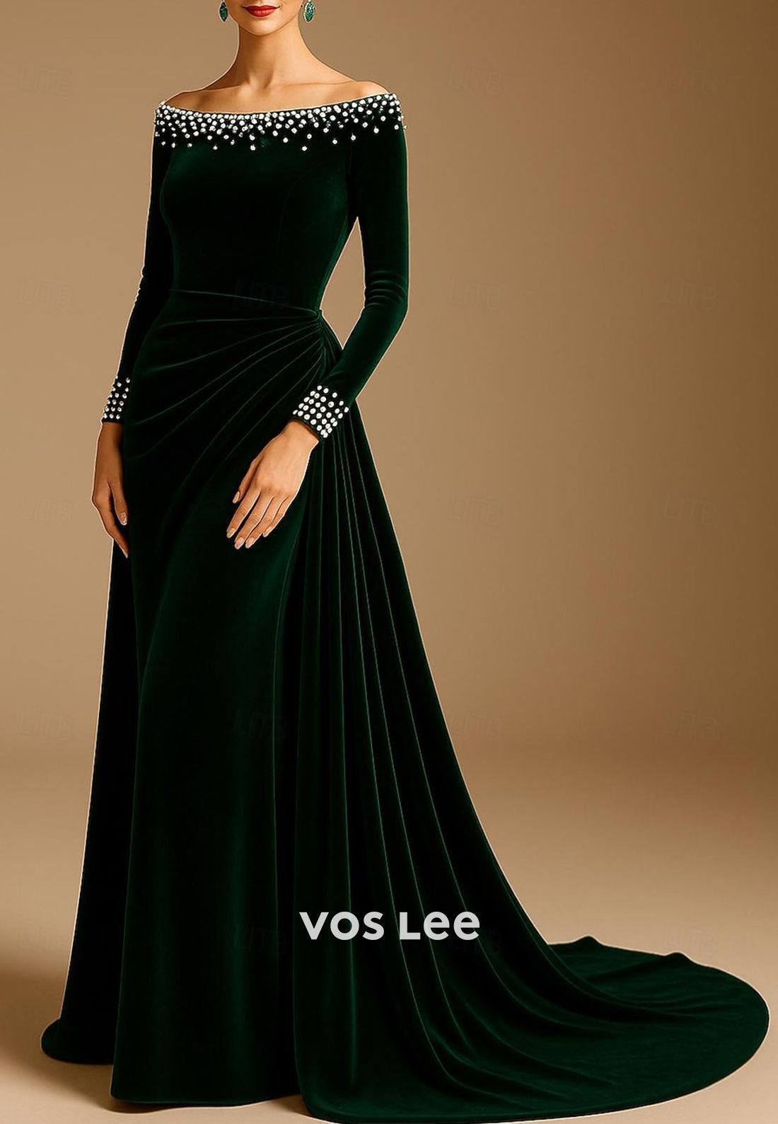 A-Line Velvet Long Sleeve Pearl Off the Shoulder Evening Dresses with Court Train