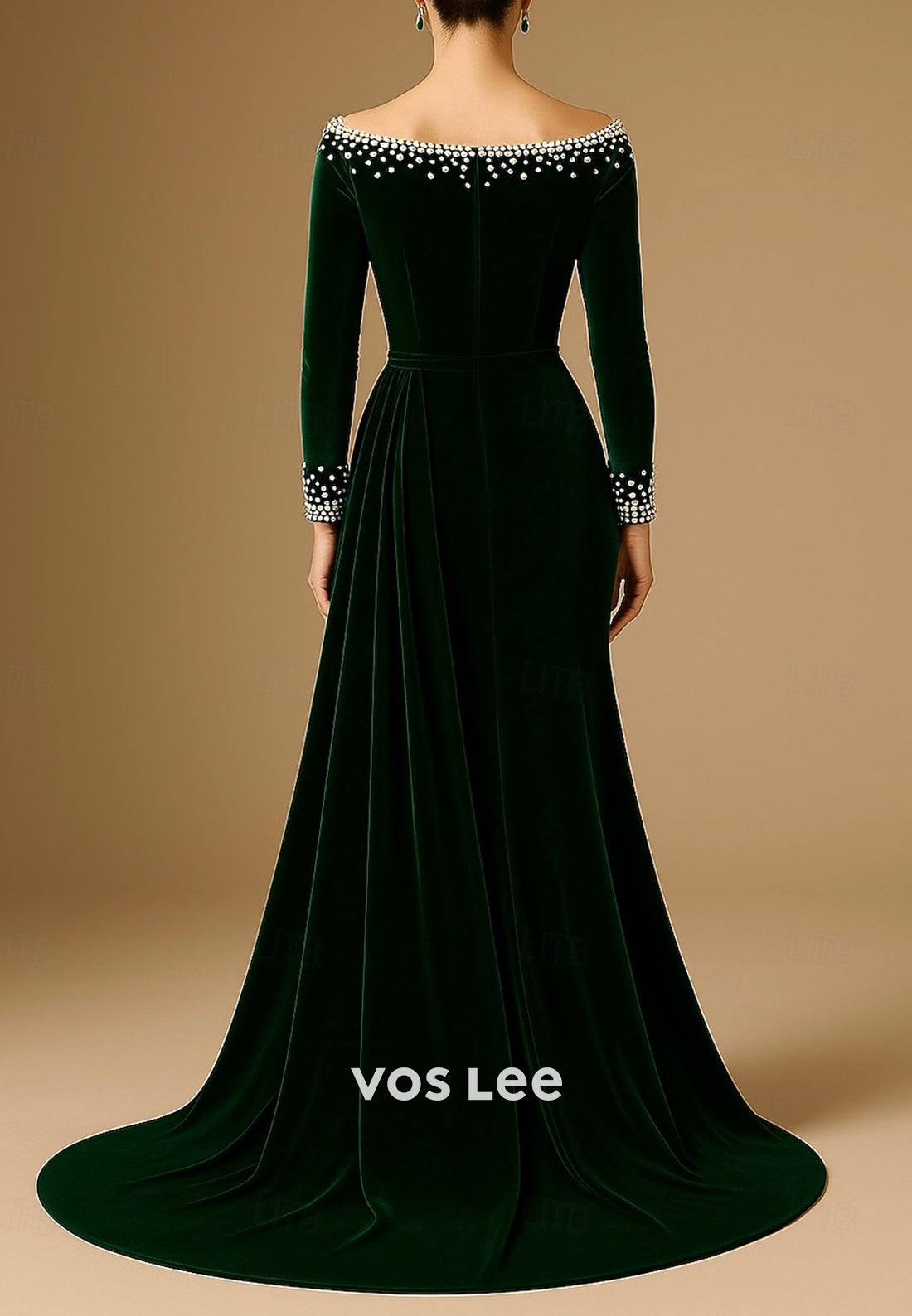 A-Line Velvet Long Sleeve Pearl Off the Shoulder Evening Dresses with Court Train