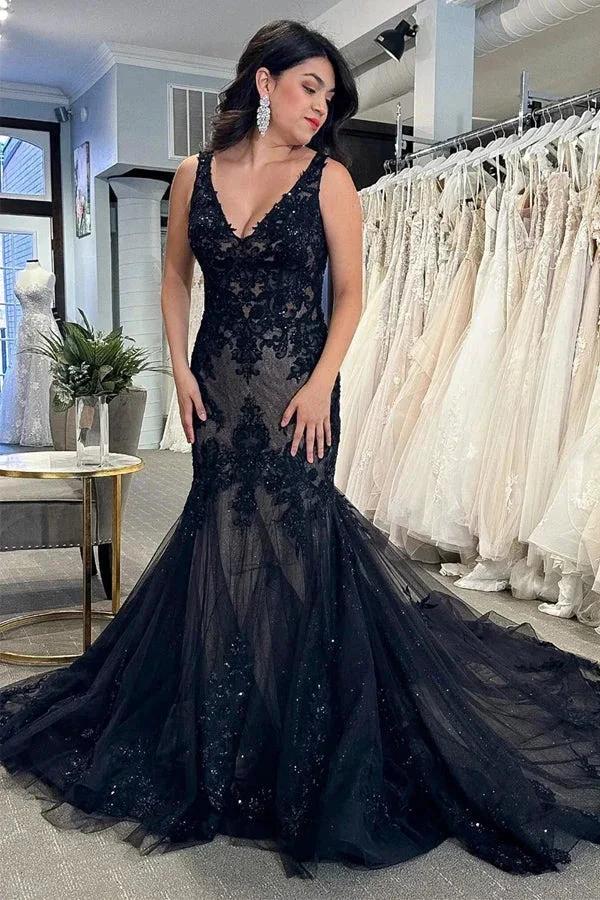 Black Tulle Appliques V-Neck Trumpet Long Wedding Dress WD699 by pgmdress