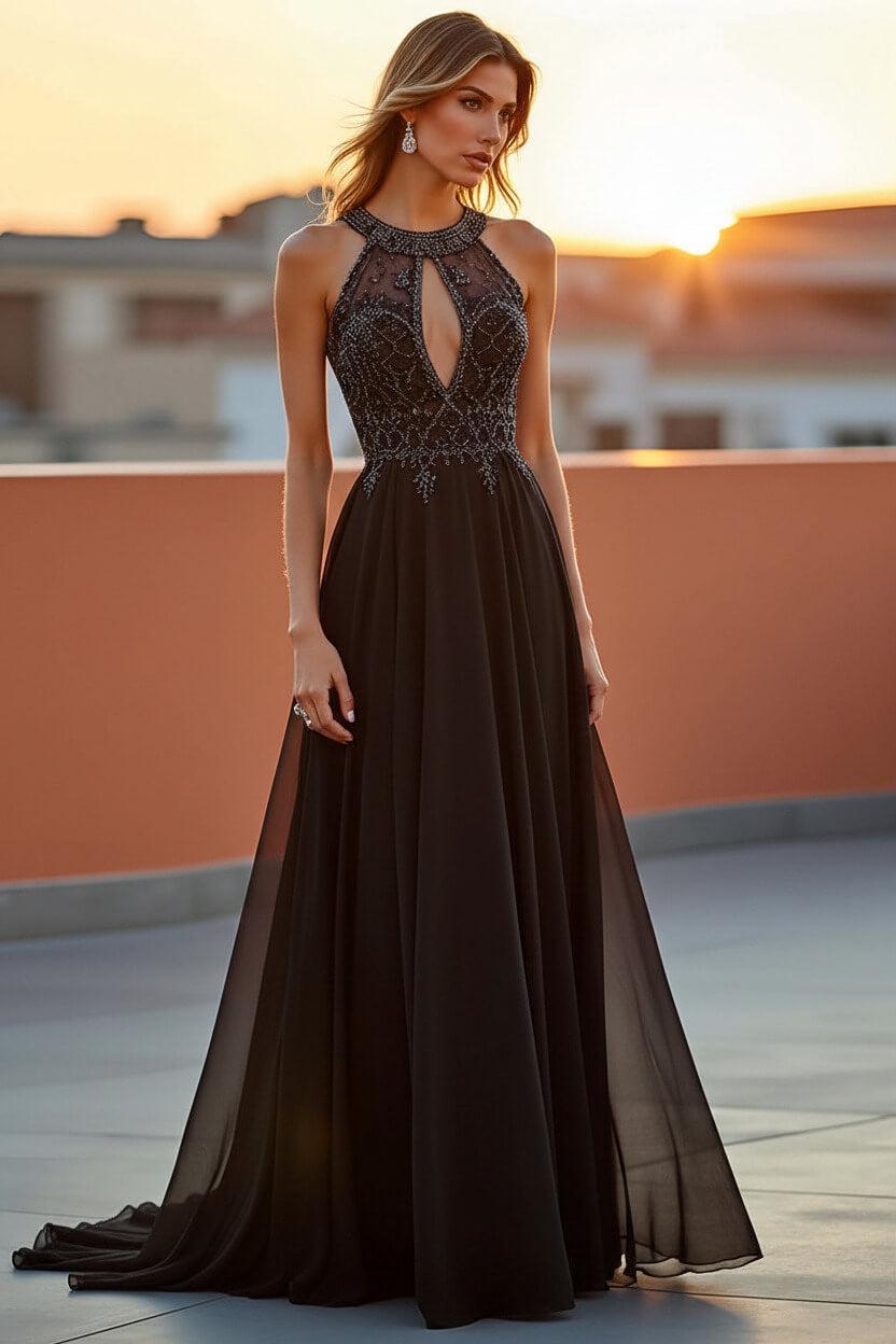 Beaded Navy Wedding Guest Dress Halter Long Formal Dress With Embroideries