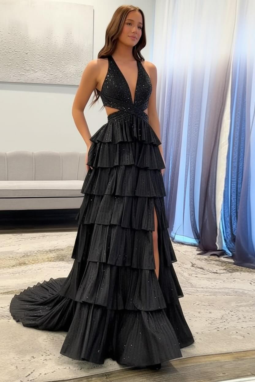 Halter Silver Prom Dress Tiered A-Line Long Formal Dress With Slit