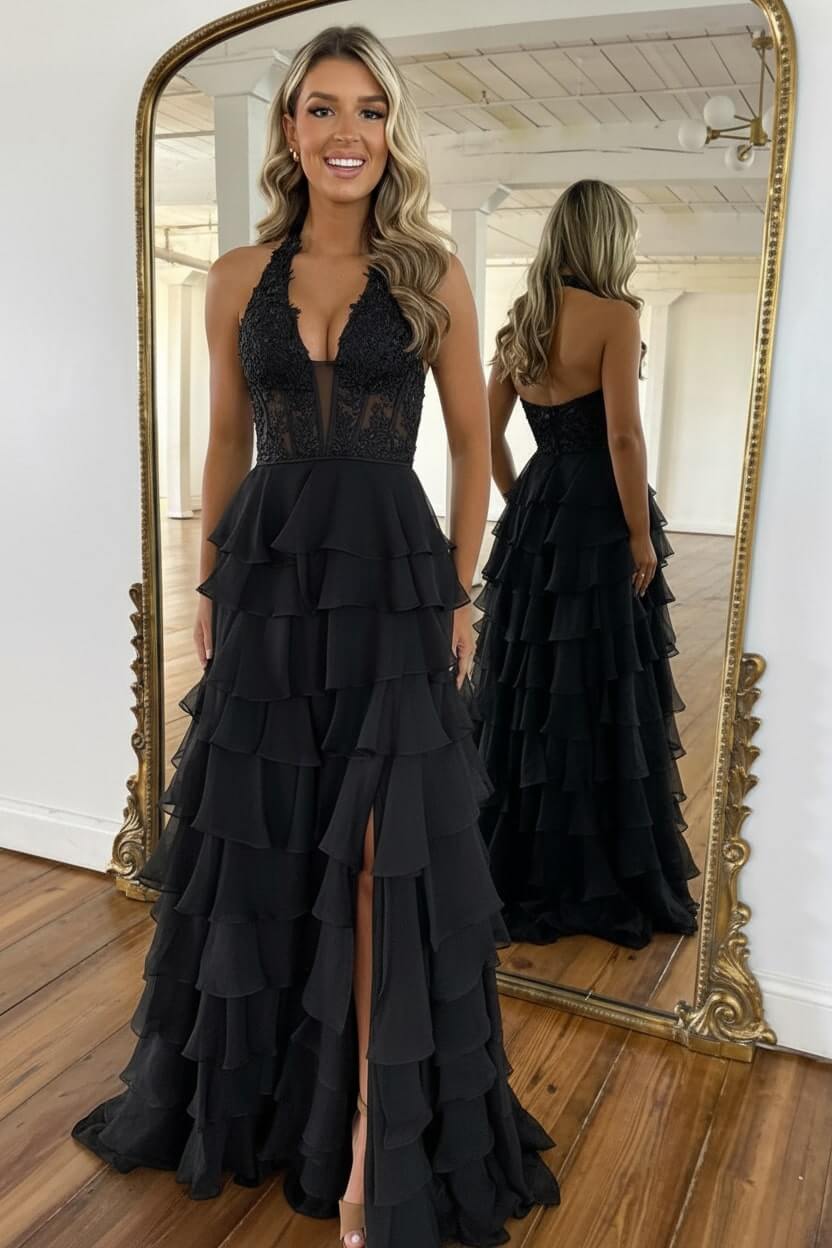 Sky Blue Prom Dress Ruffled Halter Corset Formal Dress With Slit