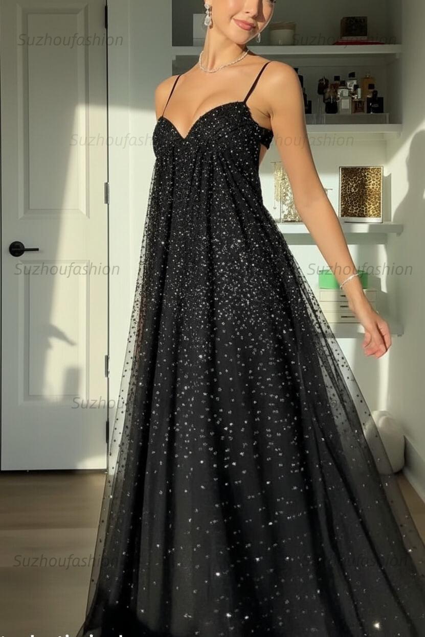 Suzhoufashion Bling A Line Spaghetti Straps Grey Blue Long Party Dress With Beading Formal Evening Gown