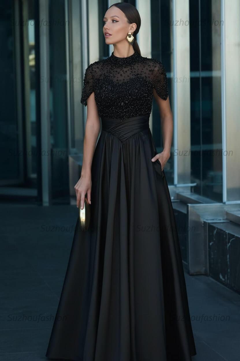 High Neck Short Sleeves Long Evening Formal Dress With Beading Pockets