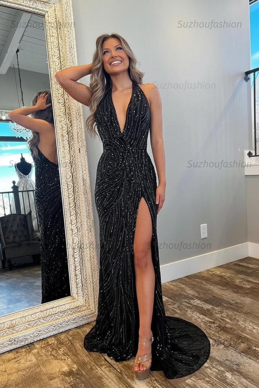 Halter Prom Dress Pink and Orange Mermaid Evening Dress with Slit