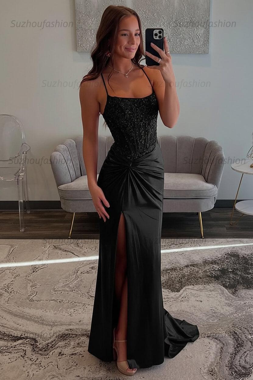 Red Prom Dress Spaghetti Straps Ruhed Long Lace Formal Dress With Appliques