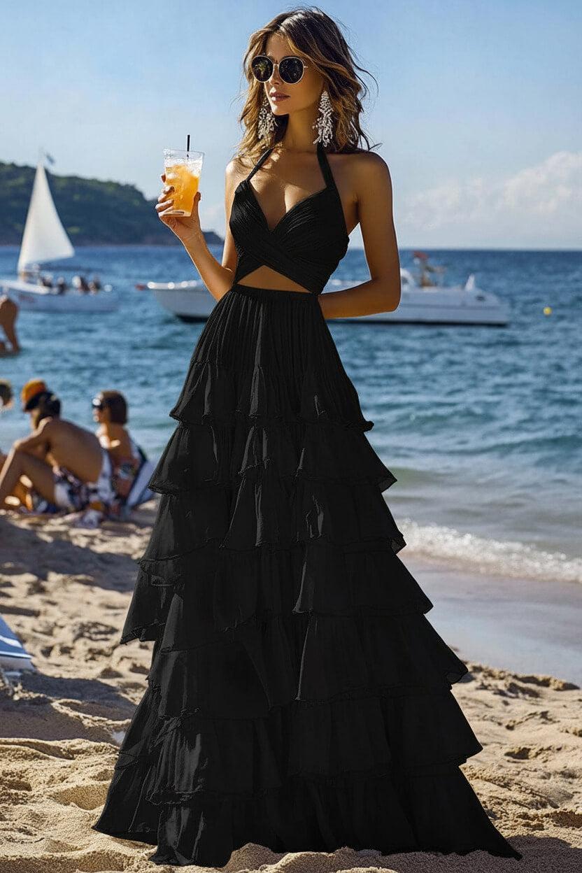 Halter Tiered White 2 Piece Ruffled Formal Dress