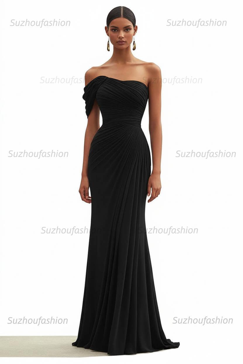 One Shoulder Ruched Mermaid Dark Green Wedding Guest Dress Long Formal Dress