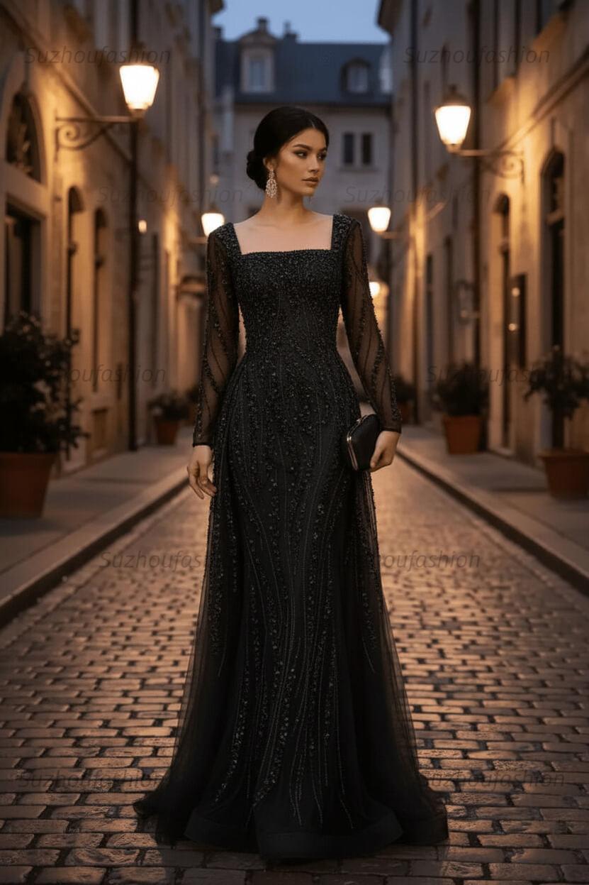 Square Neck Long Sleeves Long Mermaid Evening Formal Dress With Beading Tulle
