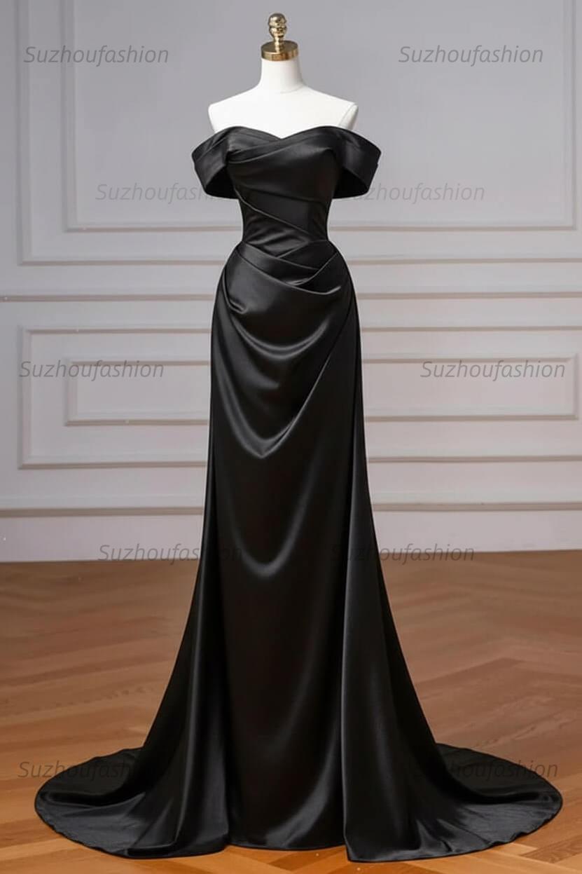 Navy Prom Dress Blue Off The Shoulder Formal Dress with Detachable Train