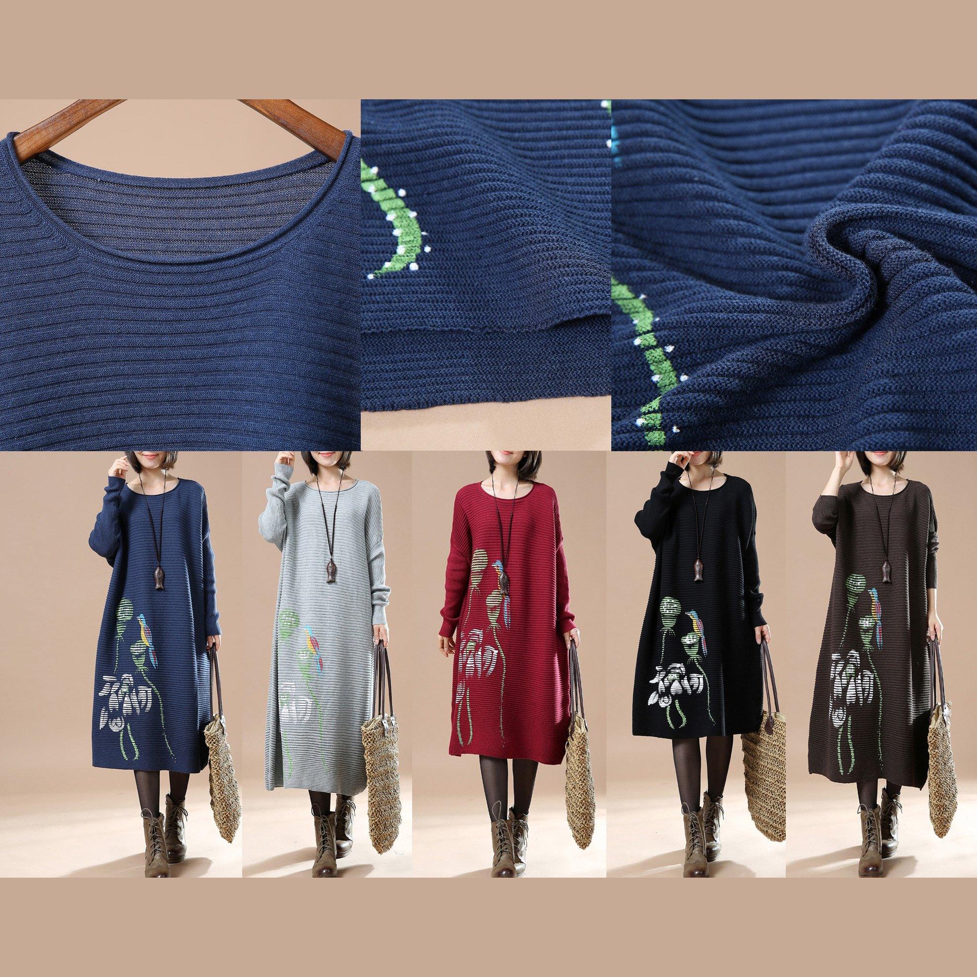 Black floral sweaters long knit dress