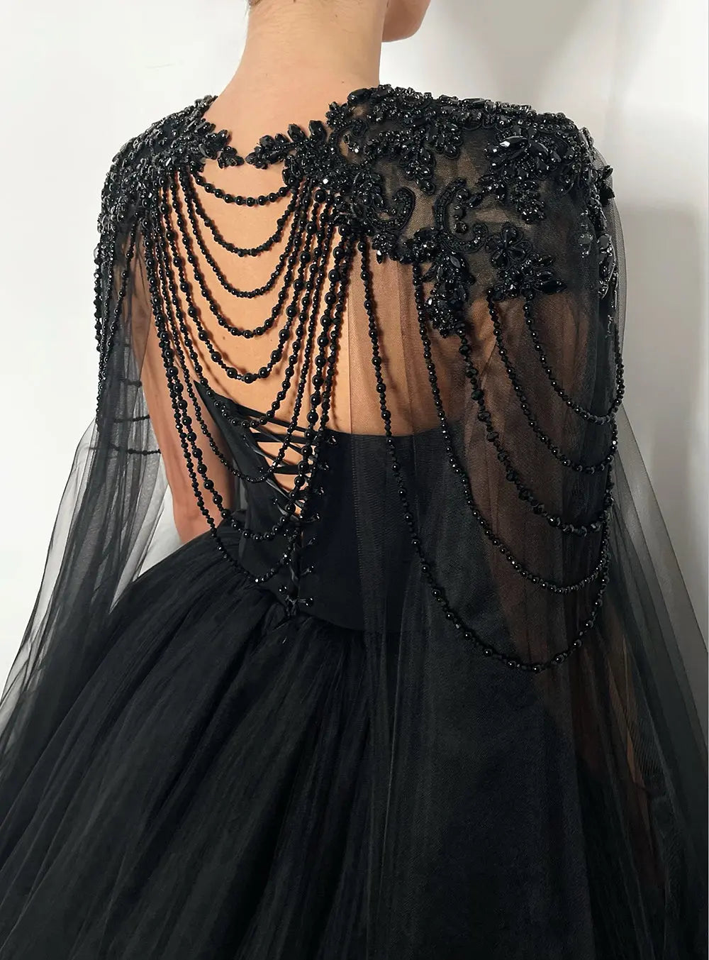 Black Luxury Gothic  Wedding Dress Beaded Tulle Ball Gown With Sheer Beaded Cape ZP028