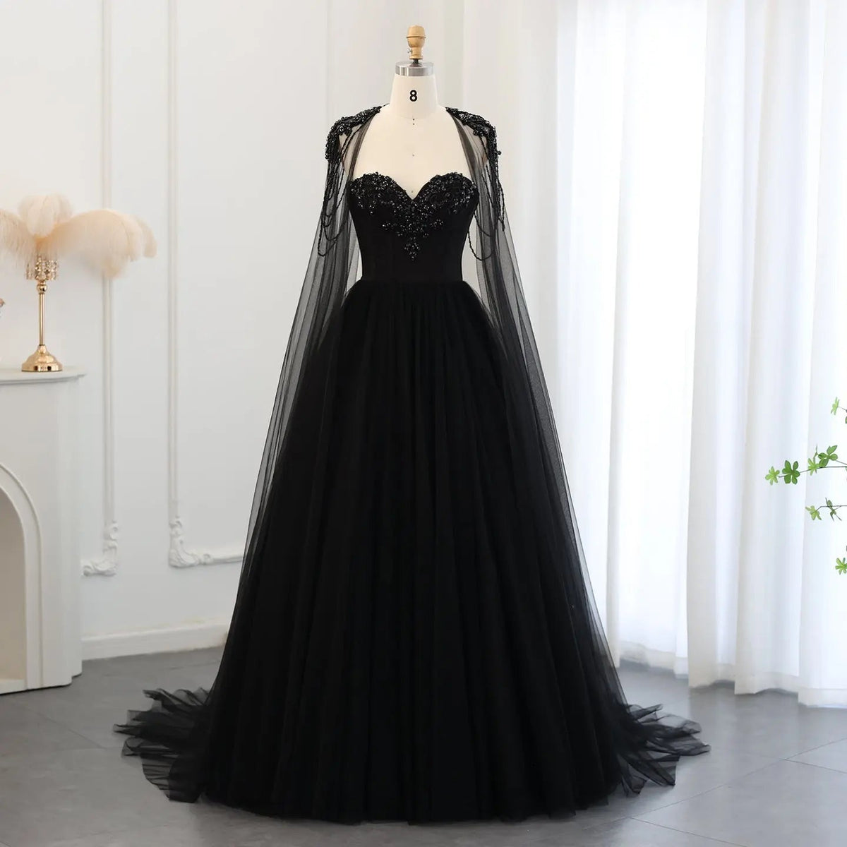 Black Luxury Gothic  Wedding Dress Beaded Tulle Ball Gown With Sheer Beaded Cape ZP028