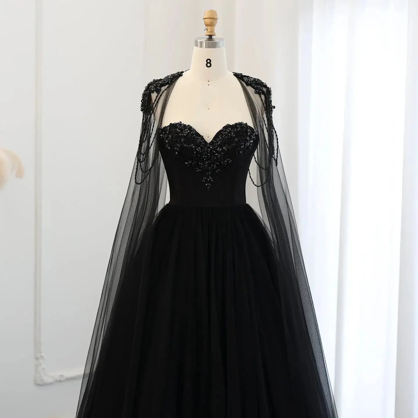 Black Luxury Gothic  Wedding Dress Beaded Tulle Ball Gown With Sheer Beaded Cape ZP028