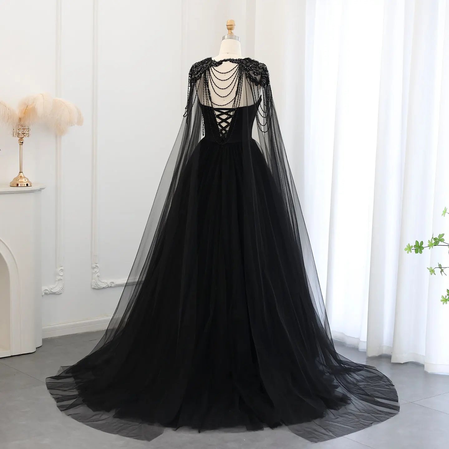 Black Luxury Gothic  Wedding Dress Beaded Tulle Ball Gown With Sheer Beaded Cape ZP028