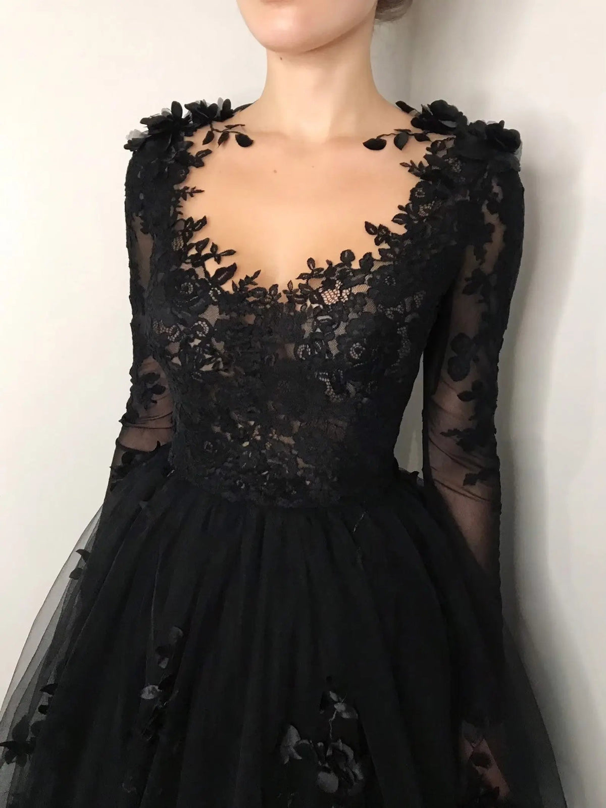 Black Luxury Gothic Wedding Dress 3D Floral Lace Tulle Sweep Train ZP026