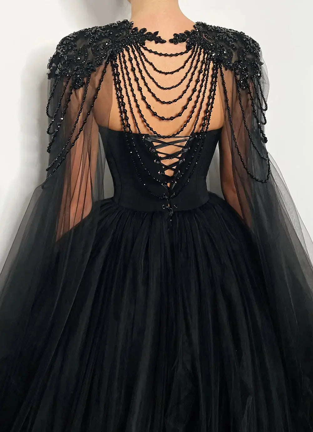 Black Luxury Gothic  Wedding Dress Beaded Tulle Ball Gown With Sheer Beaded Cape ZP028